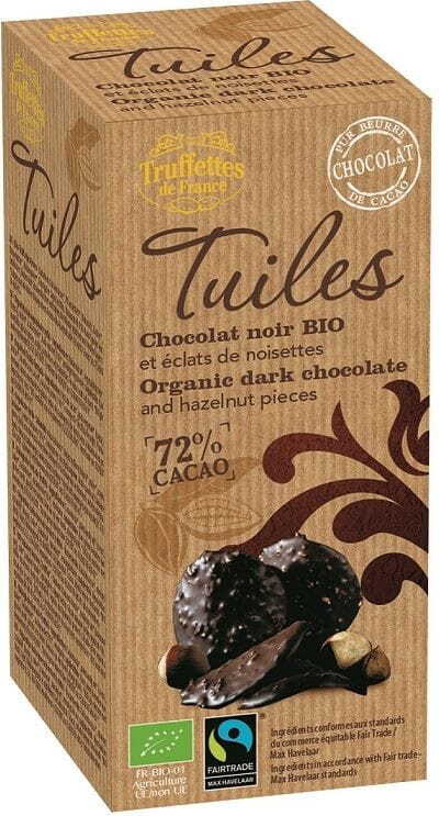 Dunkle Schokoladenringe mit fair gehandelten Haselnüssen von TRUFFETTES DE FRANCE, BIO, in 100 g Verpackung, nahes Bild der Süßigkeit