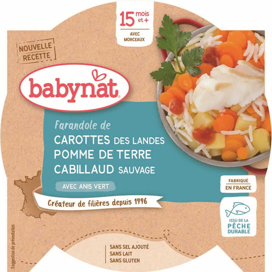 Gemüsemixgericht mit Kabeljau und Reis für Babys ab 15 Monaten, glutenfrei, in 260 g Packung von BABYBIO.