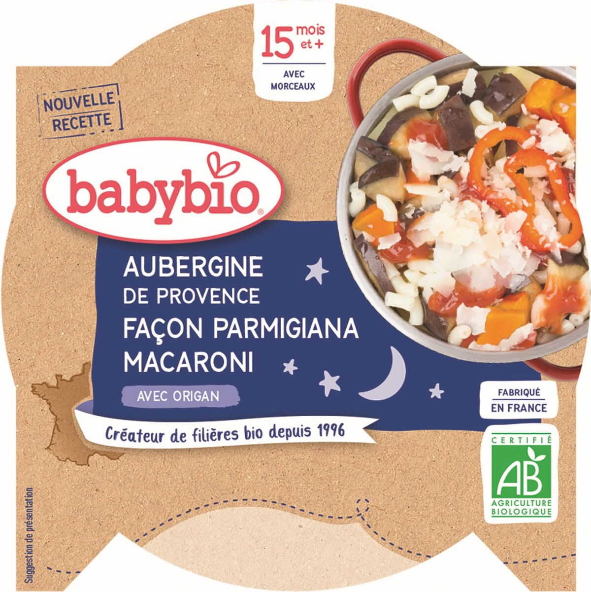 Gute-Nacht-Gericht Auberginen-Parmigiana mit Nudeln ab 15 Monaten BIO 260 g BABYBIO
