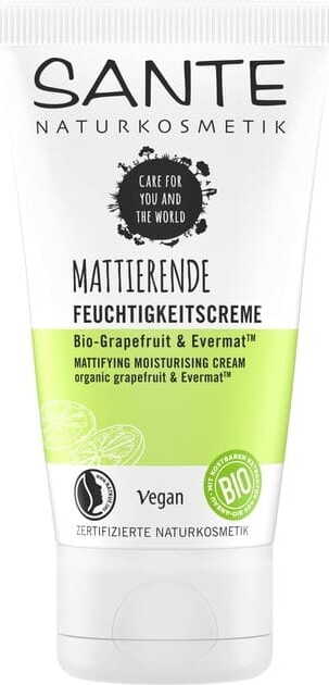 SANTE Eco Grapefruit Feuchtigkeitscreme mit mattierendem Effekt, 50 ml, offene Dose mit Creme auf der Haut.