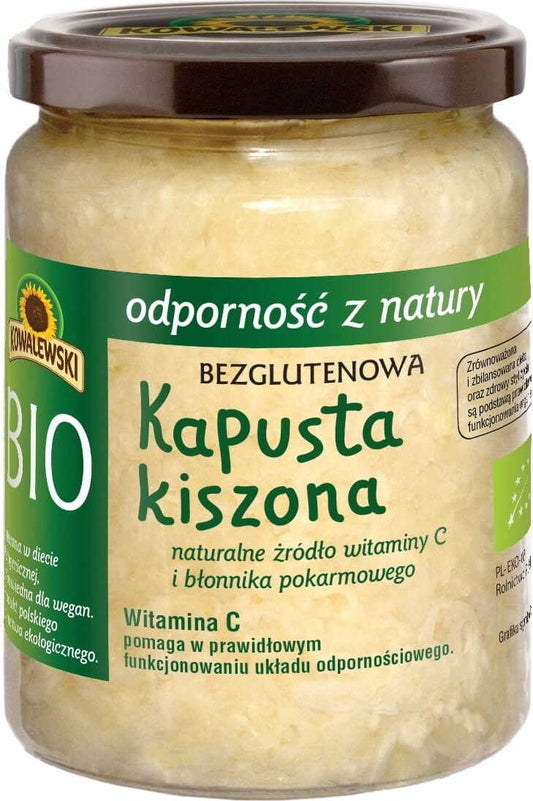 Glutenfreies, biologisches Sauerkraut von KOWALEWSKI, 400 g, in einem Glas, mit sichtbaren Kohlstücken und frischer Textur.
