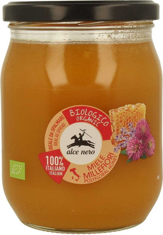 Bio Blütennektarhonig von ALCE NERO in 700 g Glas, cremige Konsistenz mit goldener Farbe, ideal für Brot und Tee.