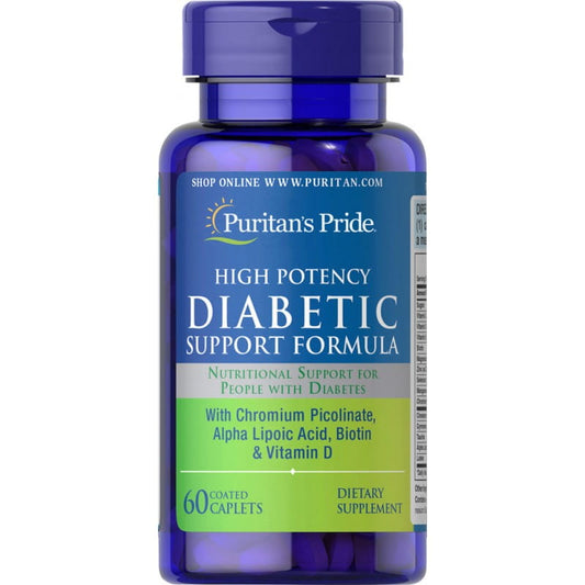 Diabetische Formel mit Chrom, Biotin und Vitamin D in 60 Kapseln, PURITAN'S PRIDE, Nahaufnahme der Kapseln in einer Packung