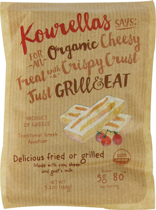 Bio-Käse von KOURELLAS auf dem Grill, 150 g, mit goldener Kruste und geschmolzener Textur.
