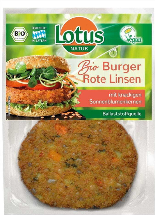 Gemüseburger mit Linsen BIO von LOTUS, 160 g, vegetarischer Fleischersatz mit grünen Linsen und Gemüse in der Verpackung