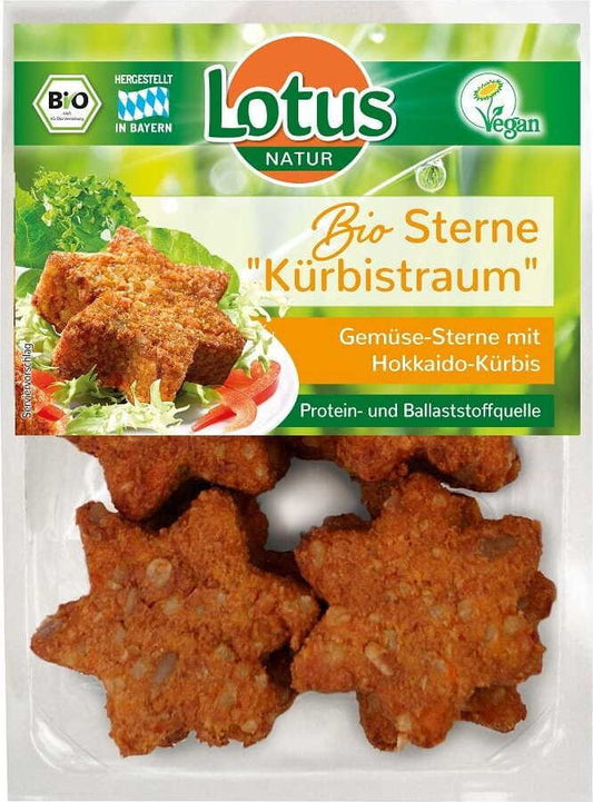 Gemüsesterne mit Hokkaido-Kürbis und Tofu, BIO, 250 g, LOTUS, frisches Gemüse und Tofu auf einem Teller