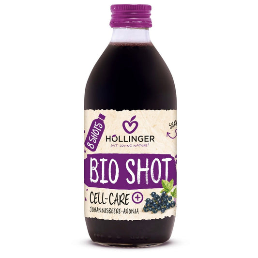 Schwarze Johannisbeere Fruchtshot von HÖLLINGER, Aronia Antioxidans BIO, 330 ml Flasche mit dunkler Fruchtfüllung