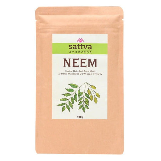 Kräutermaske für Gesicht und Haare mit Neem, 100 g, SATTVA, natürliche Pflege in einer weißen Verpackung.