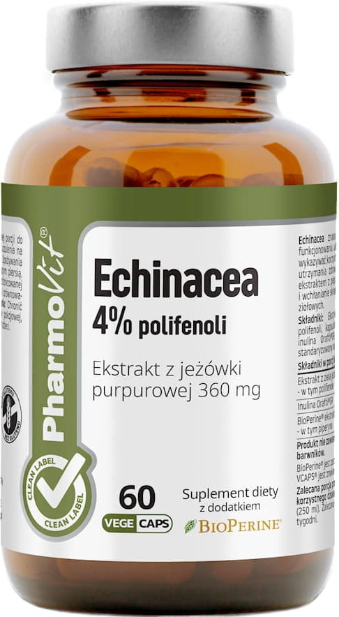 Echinacea-Kapseln von PHARMOVIT, 60 Stück, helle Kapseln auf weißem Hintergrund, gesundheitsförderndes Naturprodukt