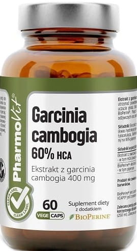 Garcinia Cambogia Nahrungsergänzungsmittel, 60 Kapseln, PHARMOVIT, Dargestellt in der Produktverpackung und Kapseln