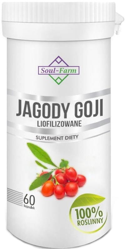 Gefriergetrocknete Goji-Beeren in 60 Kapseln von SOUL FARM, nährstoffreiche Nahrungsergänzung in Pillenform.