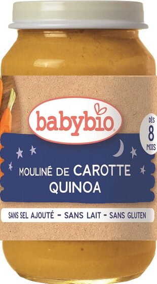 Gute-Nacht-Gericht Quinoa mit Karotten von BABYBIO für Babys ab 8 Monaten, glutenfrei, 200 g, BIO-Qualität.