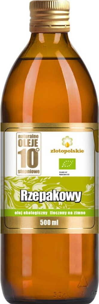 Kaltgepresstes Bio-Rapsöl von ZŁOTO POLSKIE in 500 ml Flasche, goldene Farbe, ideal für Kochen und Ernährung.