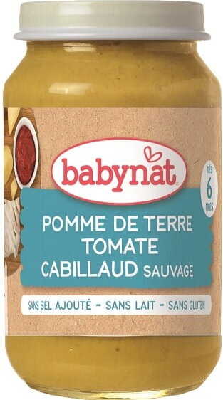 Gemüsemischung mit Kabeljau für Babys ab 6 Monaten, 200 g, von BABYBIO, zeigt die bunte Mahlzeit in einer Schale
