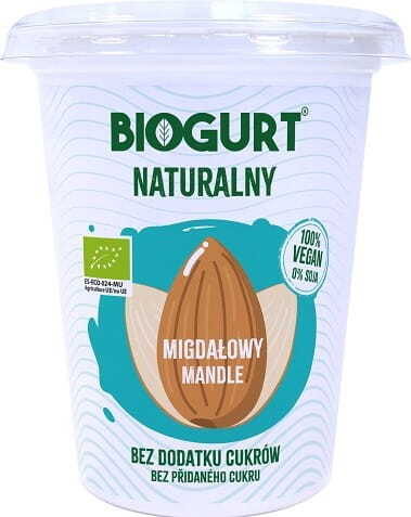 Vegane Mandeljoghurtalternative von BIOGURT in 400 g Packung, fermentiert und cremig, ideal für pflanzliche Ernährung.