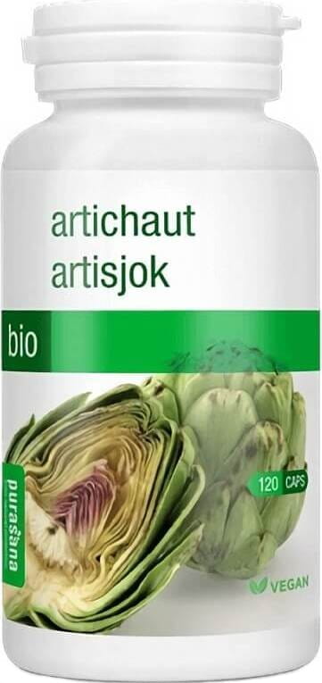 Bio-Artischocke in Kapseln von PURASANA, 120 vegane Kapseln, natürliche Artischockenextrakte in einer braunen Verpackung