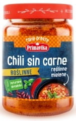Gemüse-Sin-Carne-Chili-Sauce von PRIMAVIKA in einer 300g Dose, cremige Textur mit Chili und Gemüseeinlagen.