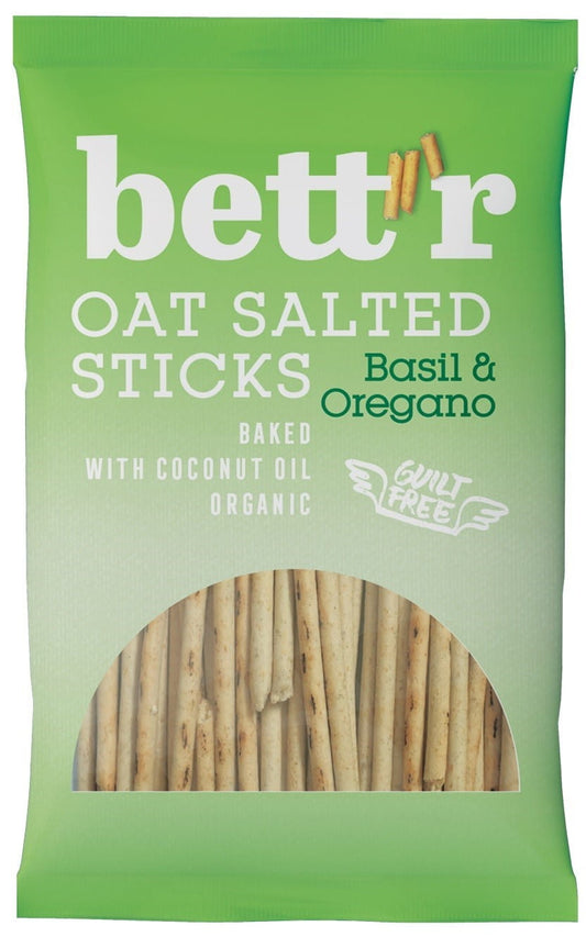 Gesalzene Hafersticks mit Basilikum und Oregano von BETTR, Bio, 50 g, knusprige Snack-Alternative mit Kräutergeschmack.