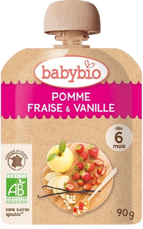 Bio Apfel-Erdbeer-Vanille-Dessert für Babys ab 6 Monaten, 90 g, von BABYBIO, cremige Frucht- und Vanillemischung