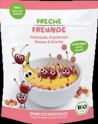 Bio Frühstücksflocken Bällchen mit Banane und Kirsche, ERDBAR - FRECHE FREUNDE, 125g, gefüllt mit fruchtigen Zutaten