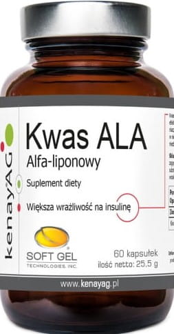Alpha-Liponsäure Ala 100mg Kapseln von SOFT GEL TECHNOLOGIES INC., 60 Kapseln, Ansicht der Verpackung und Kapseln.