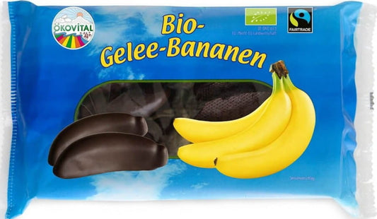 Bio Bananengelees in Zartbitterschokolade von OKOVITAL, 250 g, fruchtige Süßigkeit mit dunkler Schokolade.