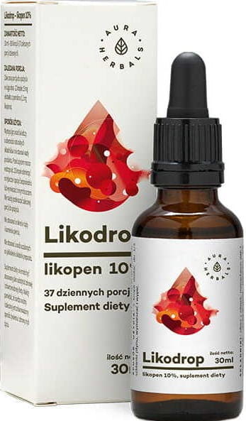 Lycopin 10 % Lycodrop von AURA HERBALS in 30 ml Flasche, zeigt das Produkt mit 37 Portionen auf der Verpackung