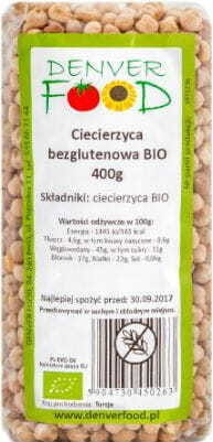 Glutenfreie Bio-Kichererbsen von DENVER FOOD, 400g, in einer transparenten Verpackung auf weißem Hintergrund