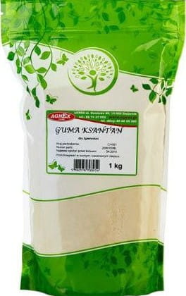 Xanthangummi für Lebensmittel, 1 kg von AGNEX, zeigt das weiße Pulver in einer Verpackung auf einem Küchenhintergrund.