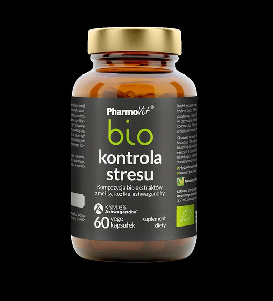 Bio Anti-Stress-Kapseln von PHARMOVIT, 60 Stück, natürliche Ergänzung zur Stressreduzierung, in einer transparenten Flasche.