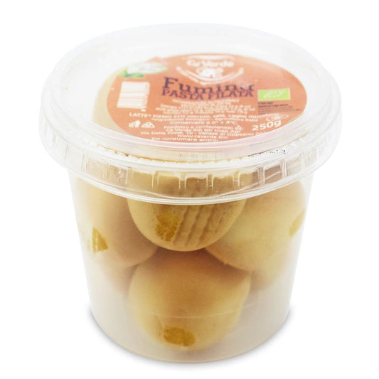 Geräucherte Käsebällchen BIO von CA'VERDE, 250 g, mit rauchigem Geschmack und cremiger Käsemasse in einer transparenten Verpackung.