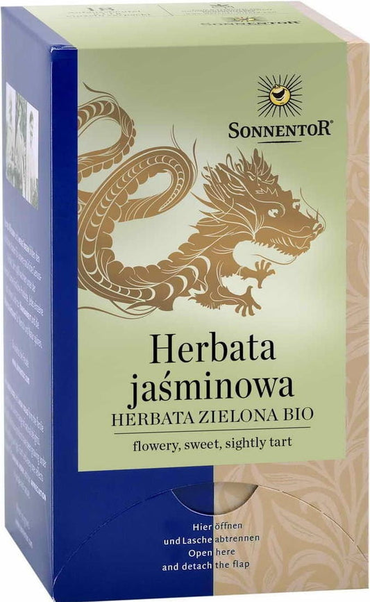 Bio Grüner Jasmintee von SONNENTOR in 27 g Packung, frischer grüner Tee mit Jasminblüten, im Teebeutel.