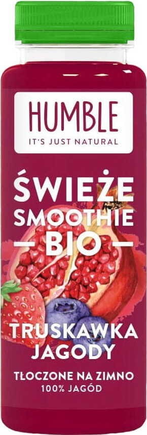 Frischer Erdbeer-Smoothie mit Beeren aus Bio-Zutaten in 300 ml HUMBLE Flasche, cremige Konsistenz, fruchtiges Aroma