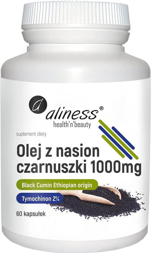 Schwarzkümmelöl 2% in 60 Kapseln von ALINESS, äthiopischer Herkunft, mit Thymochinon, Produktbild, dunkle Kapseln