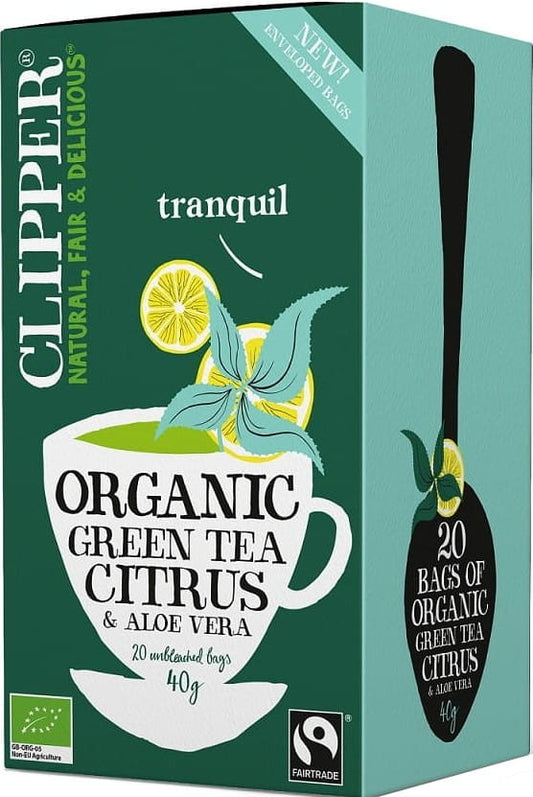 Grüner Tee mit Zitrone und Aloe von CLIPPER, fair gehandelt, biologisch, 40 g (20 x 2 g) in Teebeutel, Nahaufnahme
