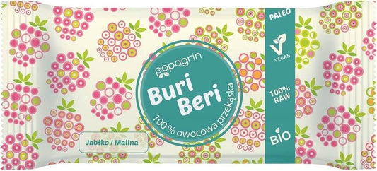 Glutenfreier Apfel-Himbeer-Snack von PAPAGRIN, Bio, 10 g, zeigt frische Apfel- und Himbeerstücke in einer Verpackung