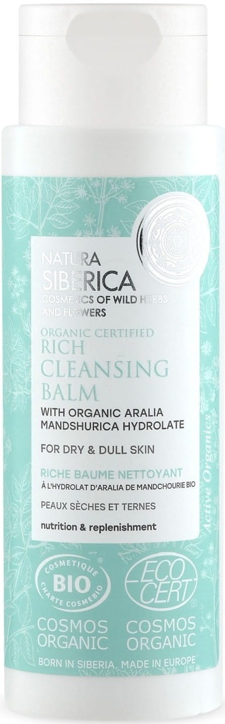 Eco 150 ml Reinigungslotion für trockene Haut von NATURA SIBERICA, sanfte Hautpflege in einer weißen Flasche.