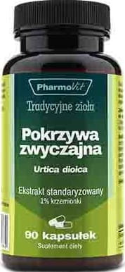 Brennnessel-Urtica dioica Standardextrakt in 90 Kapseln, mit 1% Kieselsäure, von PHARMOVIT, Nahaufnahme der Kapseln.