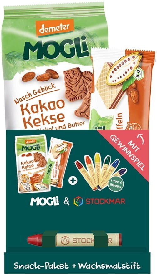 Set BIO-Kakao-Snacks mit bunten Buntstiften für Kinder von MOGLI, inklusive gesunder Schokoladenleckereien und Zeichenutensilien