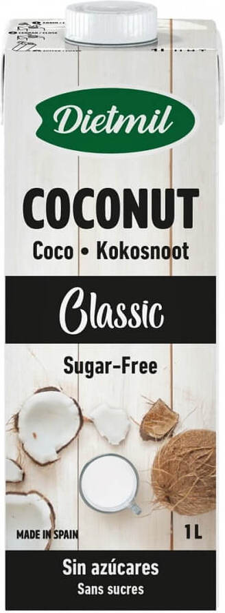 Glutenfreier, zuckerfreier Kokosdrink von DIETMIL in 1000 ml Flasche, cremige Konsistenz, ideal für Getränke und Desserts.