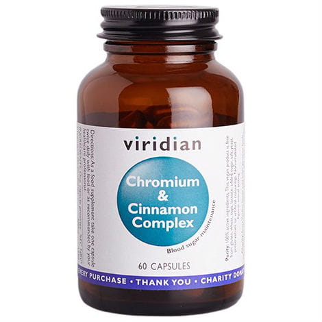 VIRIDIAN Chrom & Zimt Komplex in 60 Kapseln, Ansicht der Verpackung mit Kapseln und Etikett auf weißem Hintergrund
