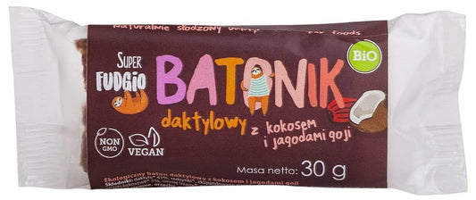 Dattelriegel mit Kokos und Gojibeeren, BIO, 30 g, von SUPER FUDGIO, zeigt den Riegel mit Kokosstücken und Gojibeeren.