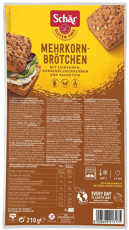 Mehrkornbrotche glutenfreie Vollkornbrötchen von SCHAR, 210 g, frisch gebacken, mit knuspriger Kruste und körniger Oberfläche.