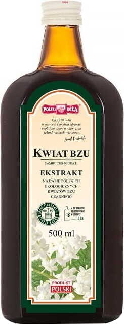 Fliederblütenextrakt ohne Zucker in 500 ml Flasche von POLSKA ROŻA, mit frischen blühenden Fliederblüten.