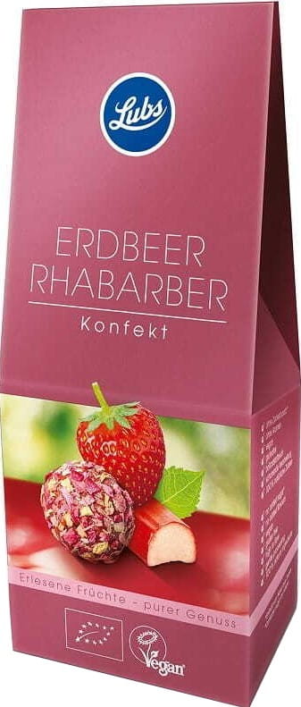 Bio Dattelpralinen mit Erdbeeren und Rhabarber, glutenfrei, LUBS, 80 g, cremige Süßigkeit auf dem Bild.