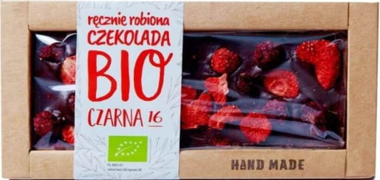 Bio Dessertschokolade mit Erdbeeren und Brombeeren von Cukiernia Staropolska, 53 g, mit fruchtigen Beeren, auf Verpackung.