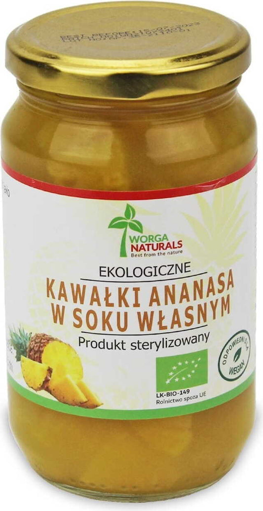 Bio Ananasstücke im eigenen Saft in Glas, 350 g, von WORGA NATURALS, frische und saftige Ananas in natürlicher Verpackung