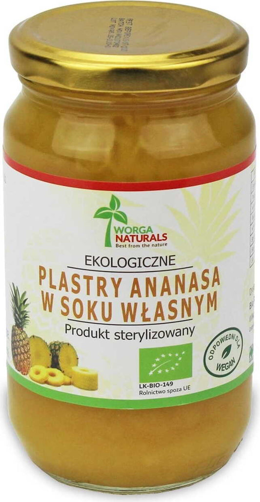 Betriebene Ananasscheiben in eigenem Saft im Glas, BIO-Qualität von WORGA NATURALS, 350 g (200 g abgetropft)
