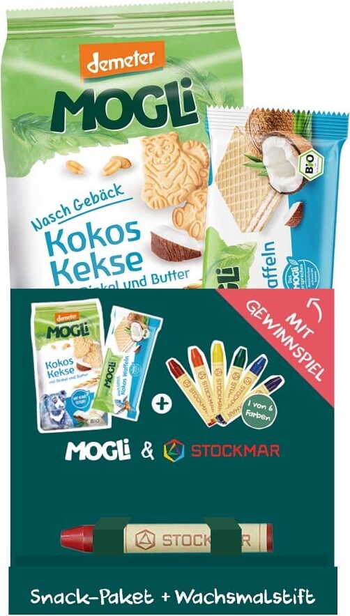 Buntstift und BIO-Kokos-Snack-Set für Kinder von MOGLI, kindgerechte Verpackung mit bunten Stiften und Kokos-Snacks.