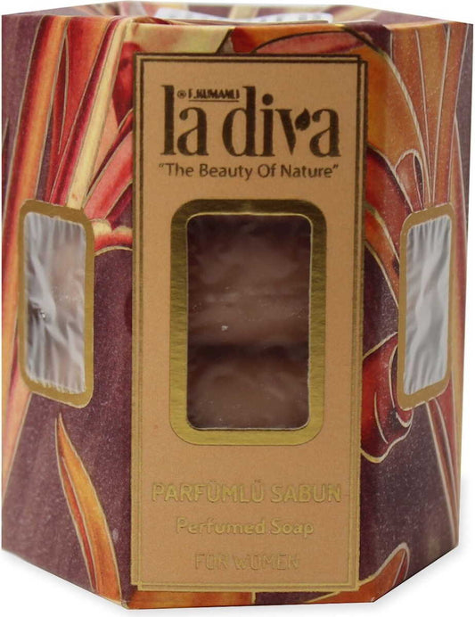Drehseife für Damen, parfümiert, 4 Stück à 45 g, insgesamt 180 g, von LA DIVA, zeigt die dekorative Seifenverpackung